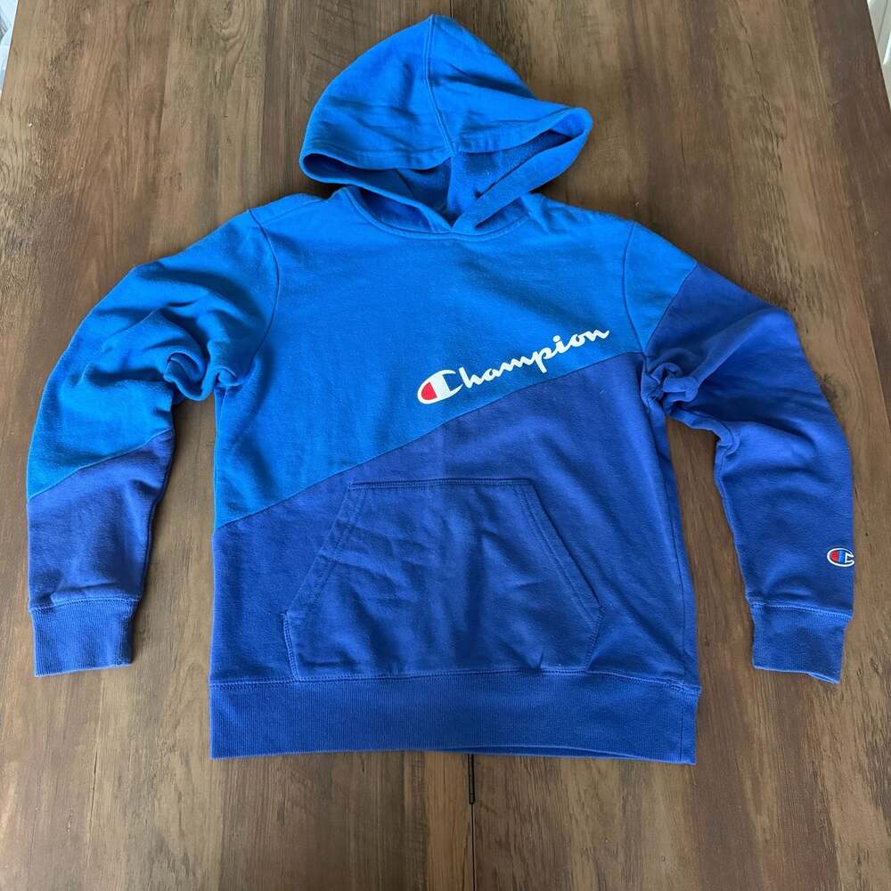 Champion Colorblocked Script Logo Fleece Hoodie Blue Youth Size L
